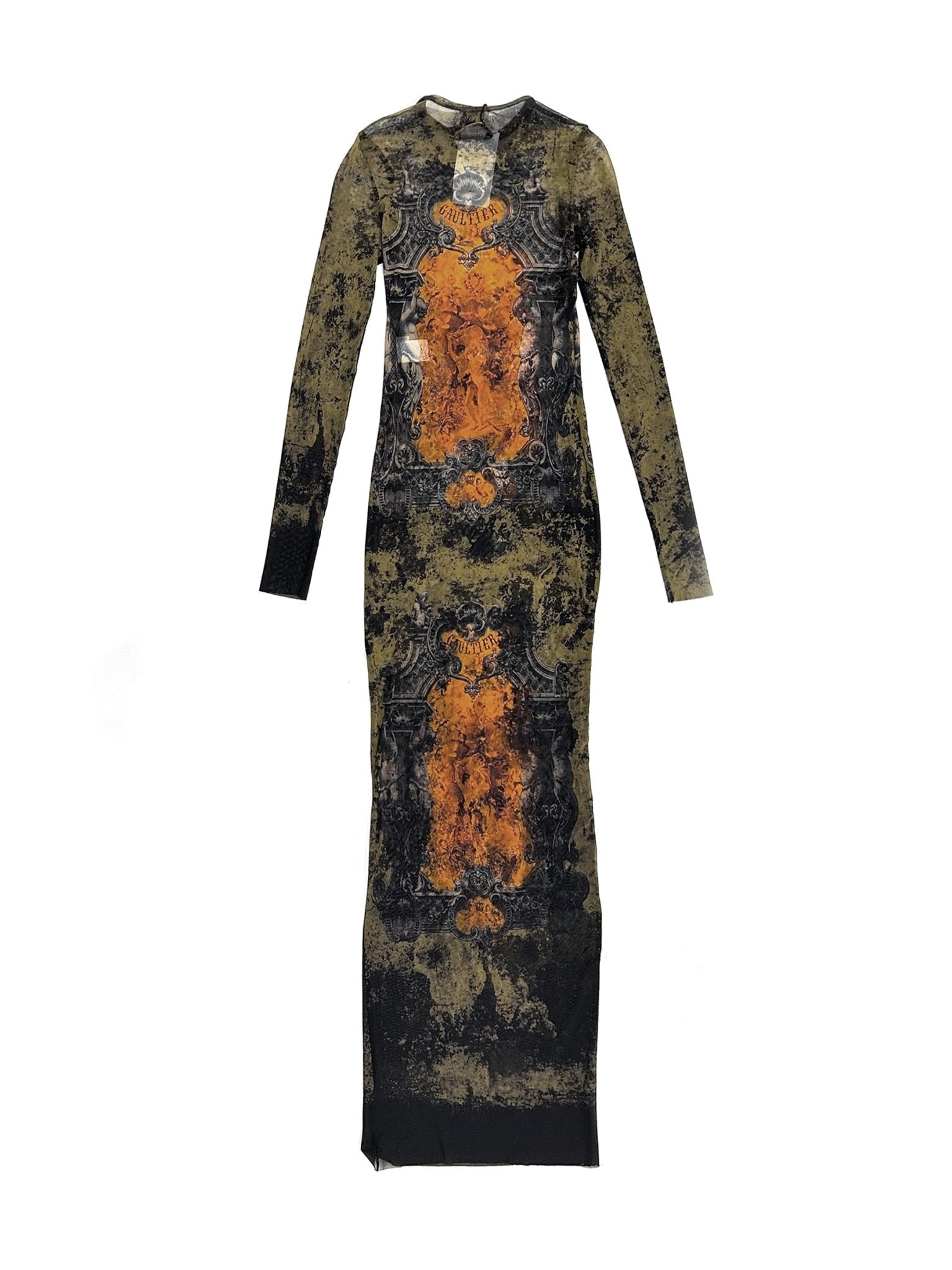 JEAN PAUL GAULTIER - Mesh Long Dress Printed "Médaillon" - AW25 - BLACK/KHAKI/ORANGE