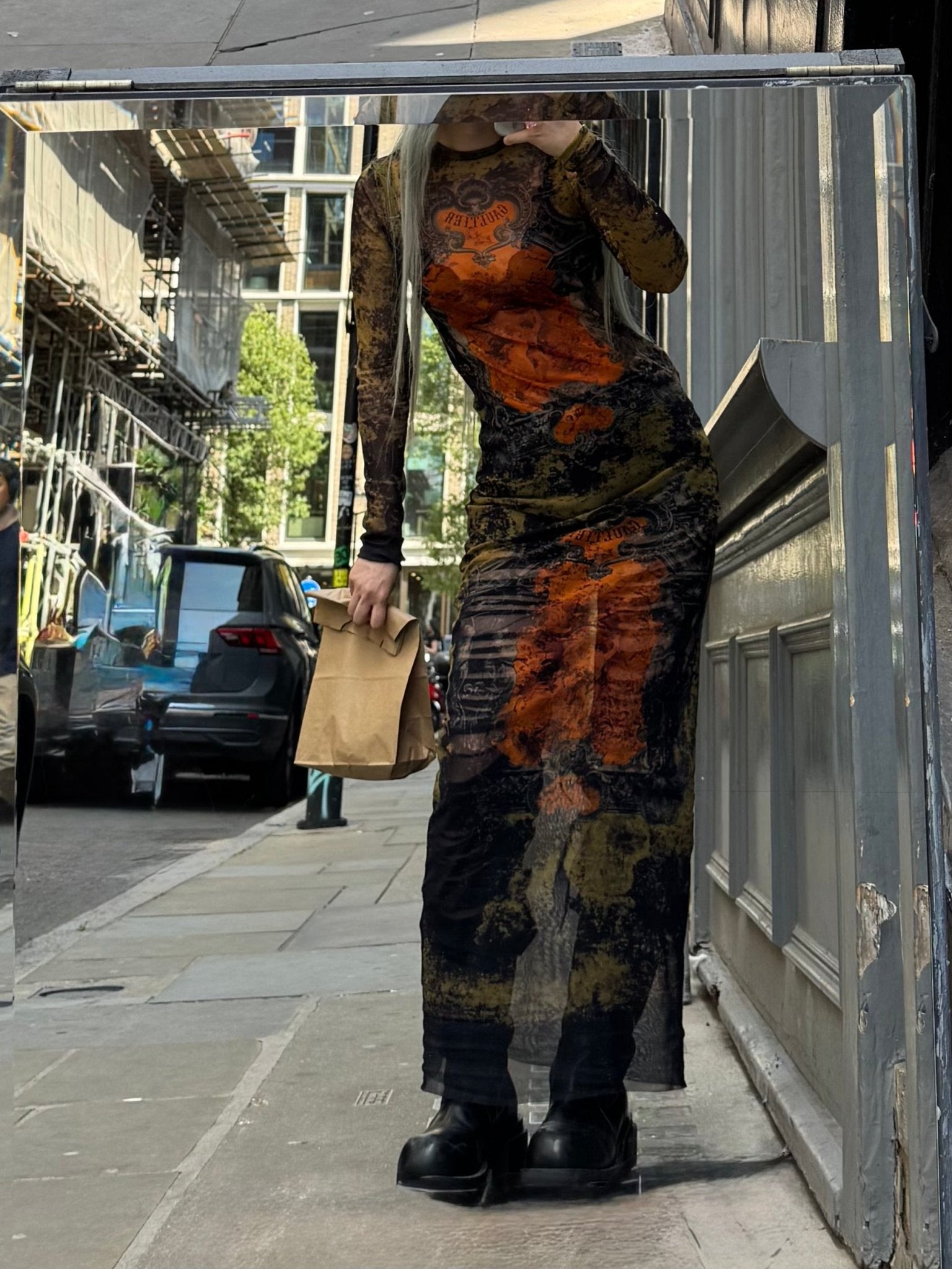 JEAN PAUL GAULTIER - Mesh Long Dress Printed "Médaillon" - AW25 - BLACK/KHAKI/ORANGE