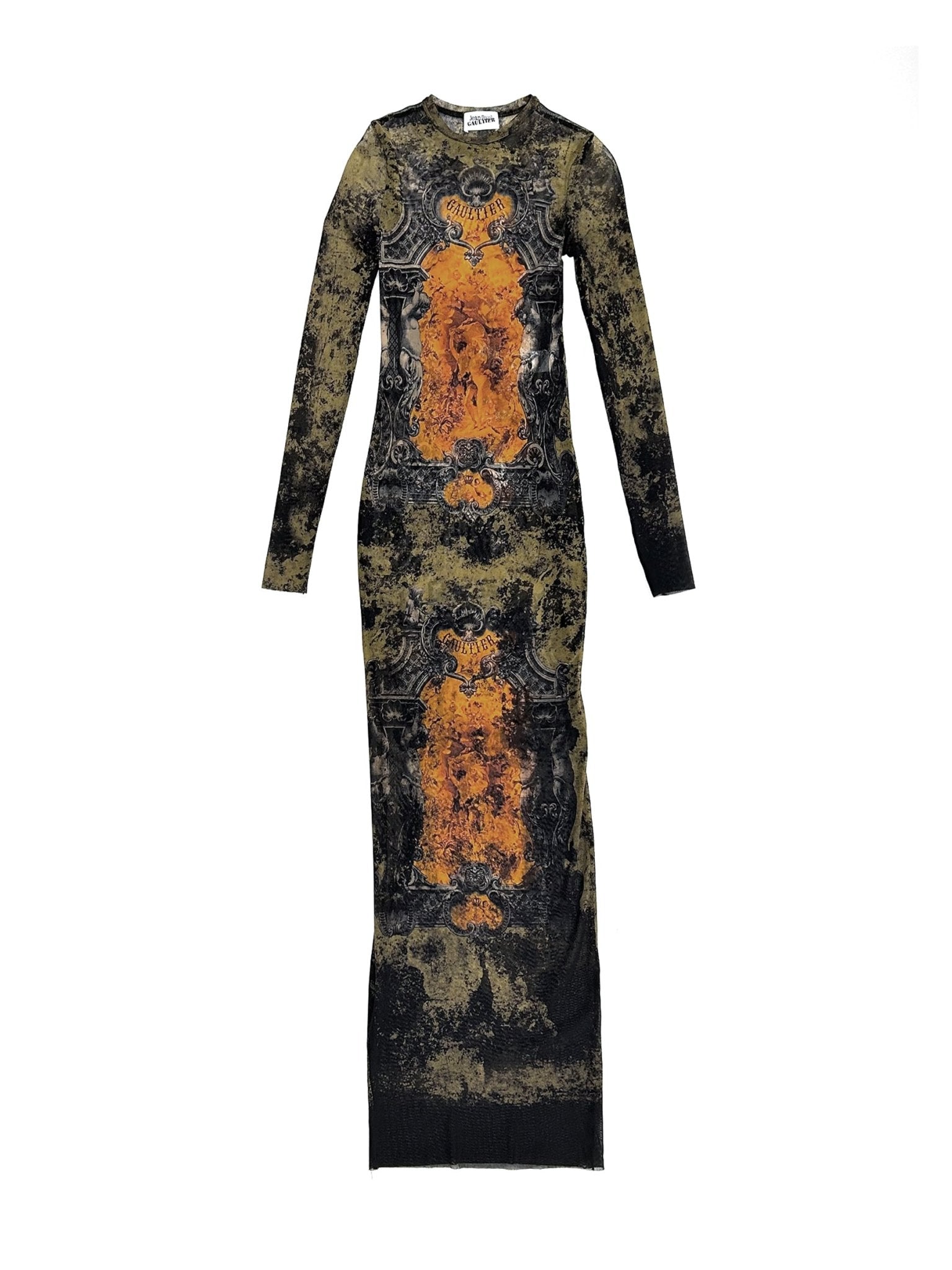 JEAN PAUL GAULTIER - Mesh Long Dress Printed "Médaillon" - AW25 - BLACK/KHAKI/ORANGE