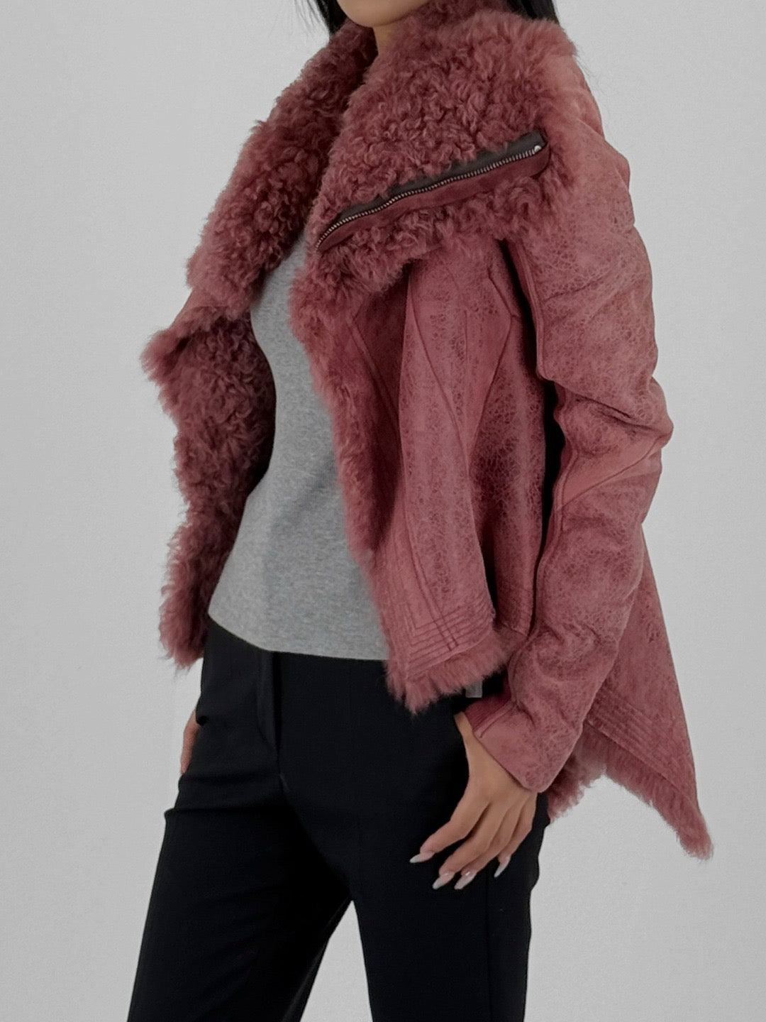 RICK OWENS - Shearling Real Fur Jacket - Naska - AW25 - 13 ROSEWOOD