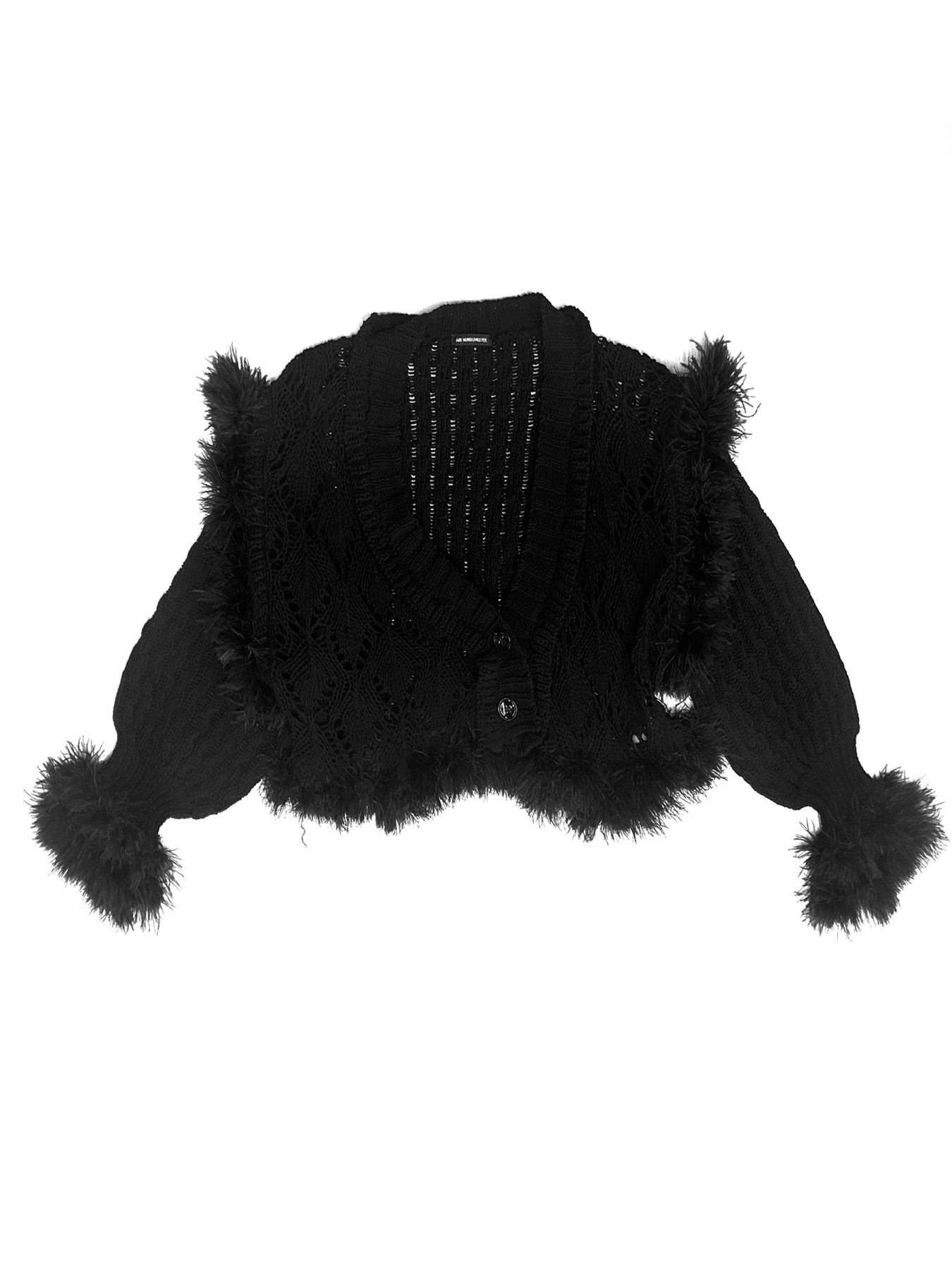 Ann Demeulemeester Black Taci Deep V Cropped Cardigan With Feathered Ruff
