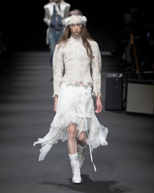 Ann Demeulemeester Off White Vega Midi Skirt With Silk Chiffon Ruffles Pointell