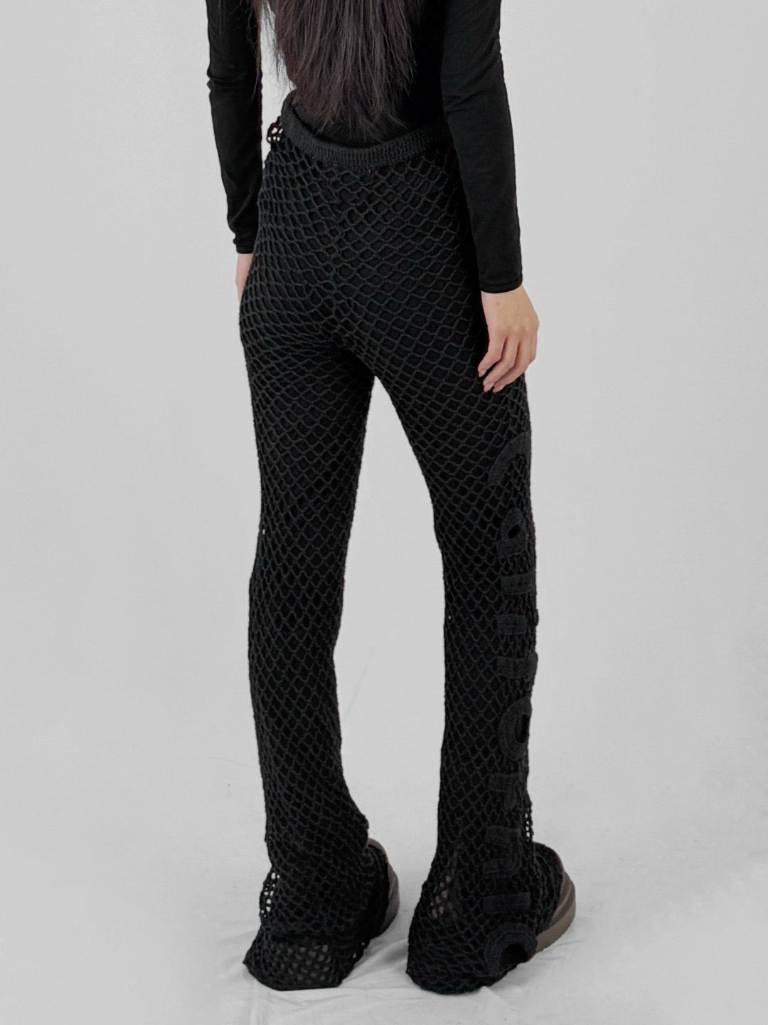 ERL Black Brown Womens Hand Crochet Flared Knit Pants