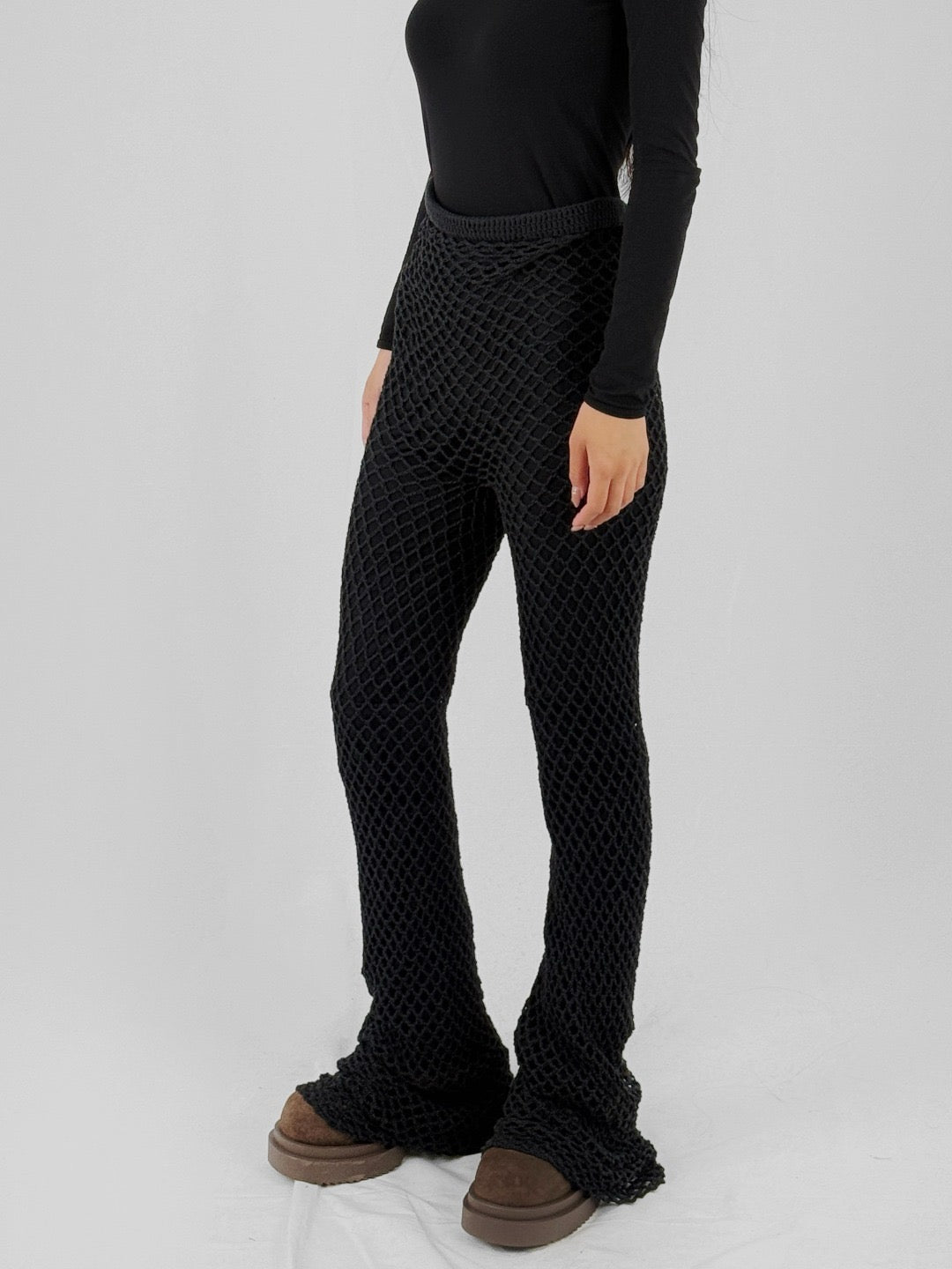 ERL Black Brown Womens Hand Crochet Flared Knit Pants
