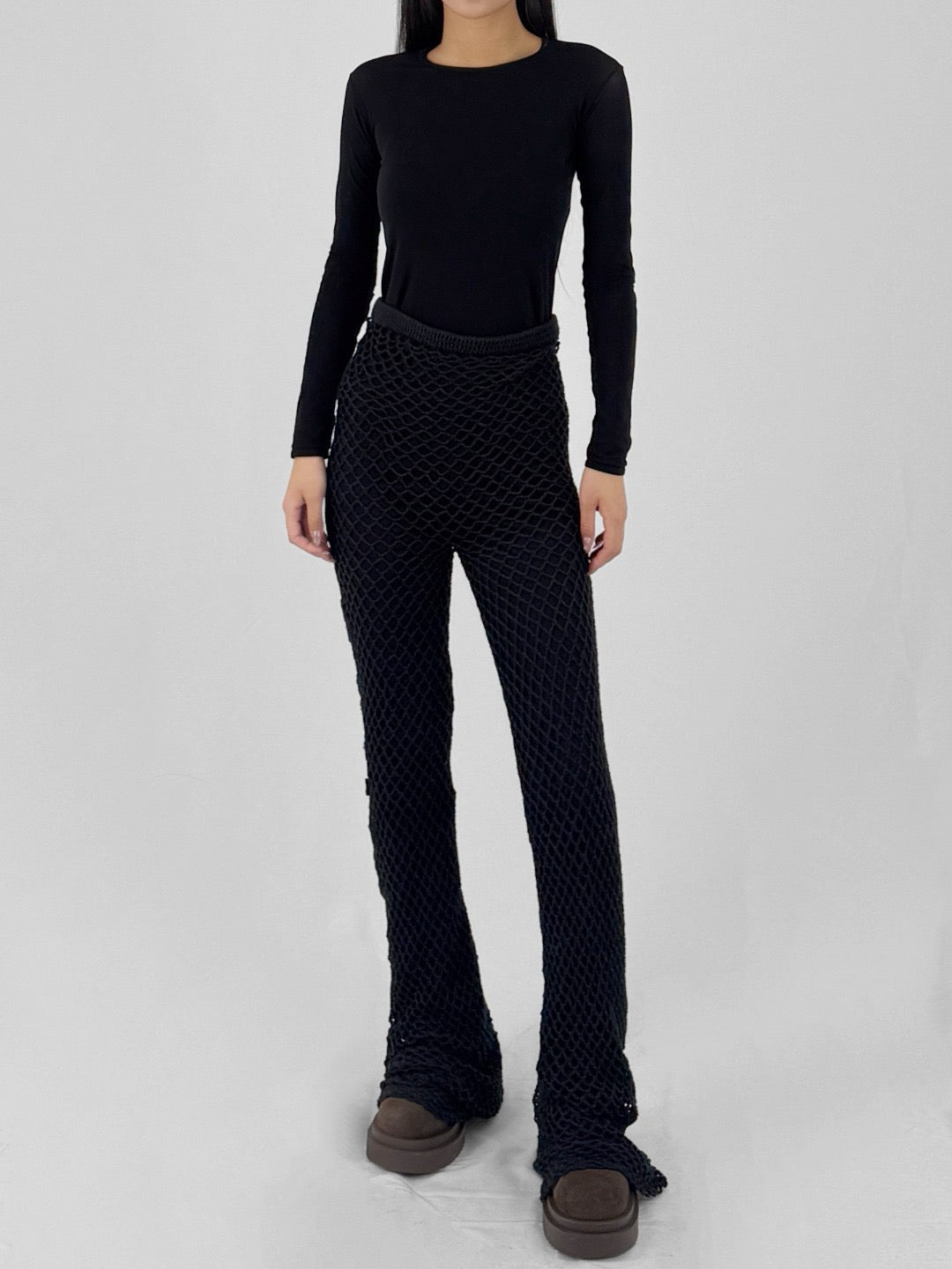 ERL Black Brown Womens Hand Crochet Flared Knit Pants