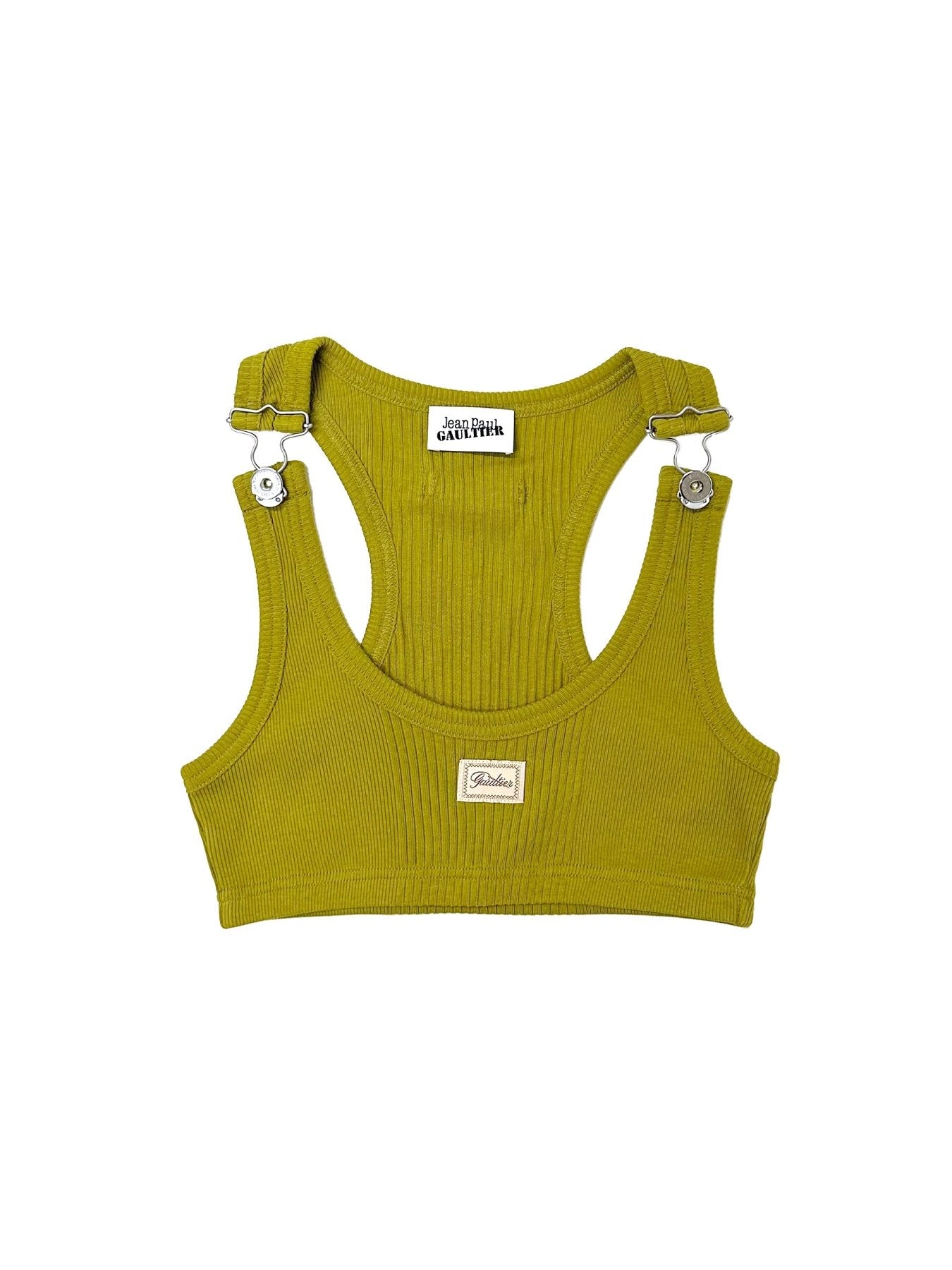 JEAN PAUL GAULTIER Green Cotton Ribbed Bra With Gaultier Patch And Overall Buckles