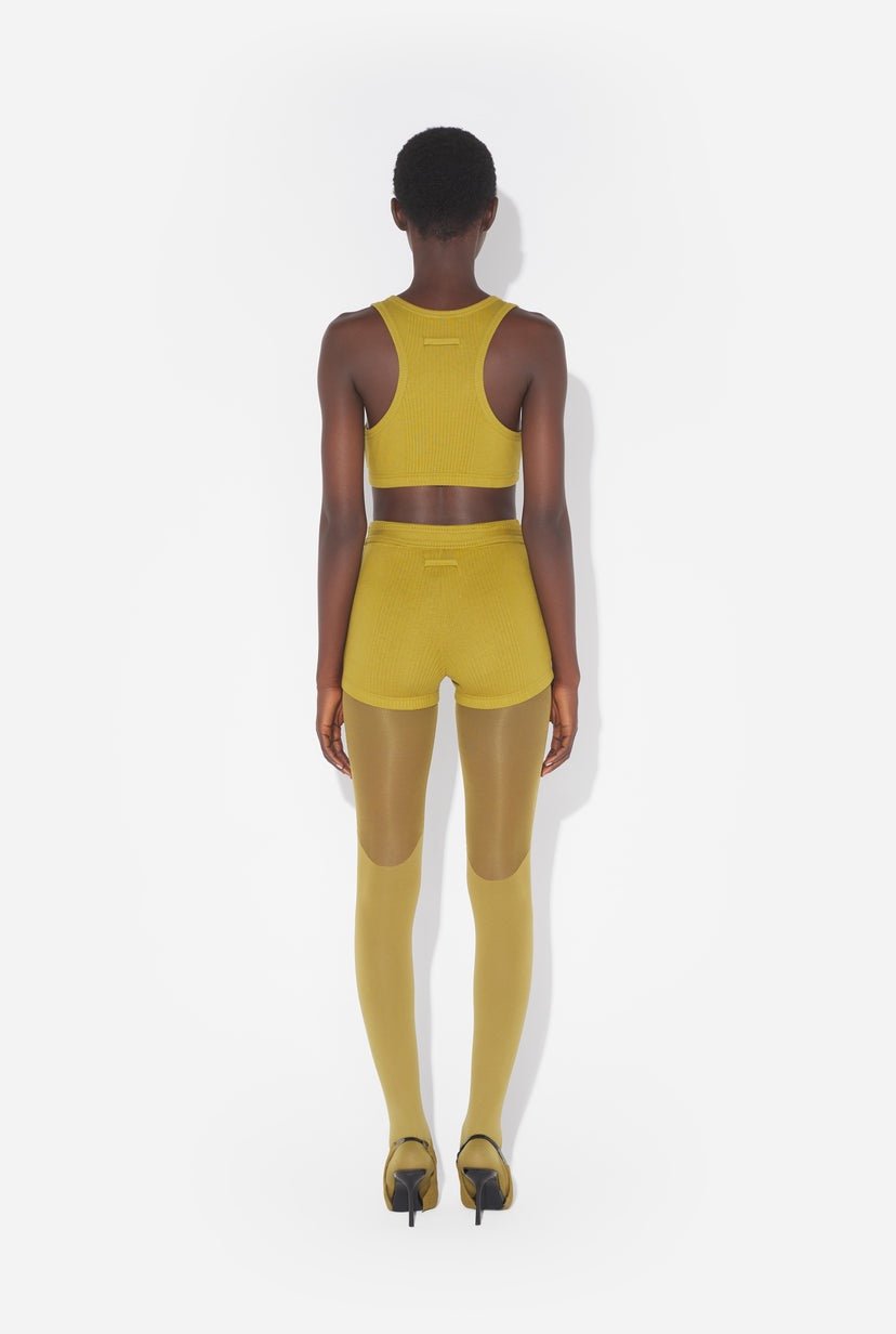 JEAN PAUL GAULTIER Green Cotton Ribbed Short With Gaultier Patch And Overall Buckles