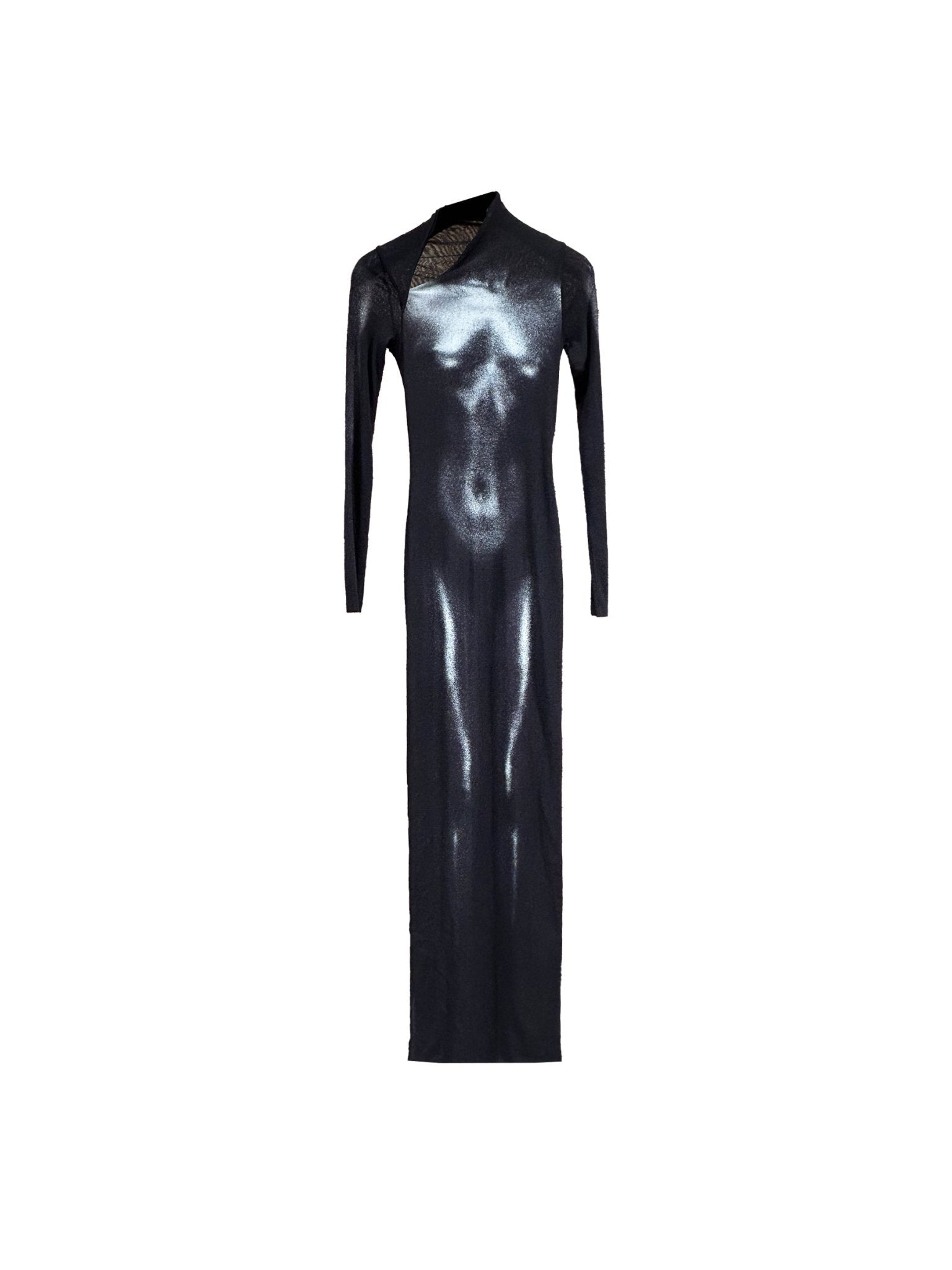JEAN PAUL GAULTIER - Mesh Asymetric Collar Long Dress Printed Body Dust - AW25 - BLACK SILVER