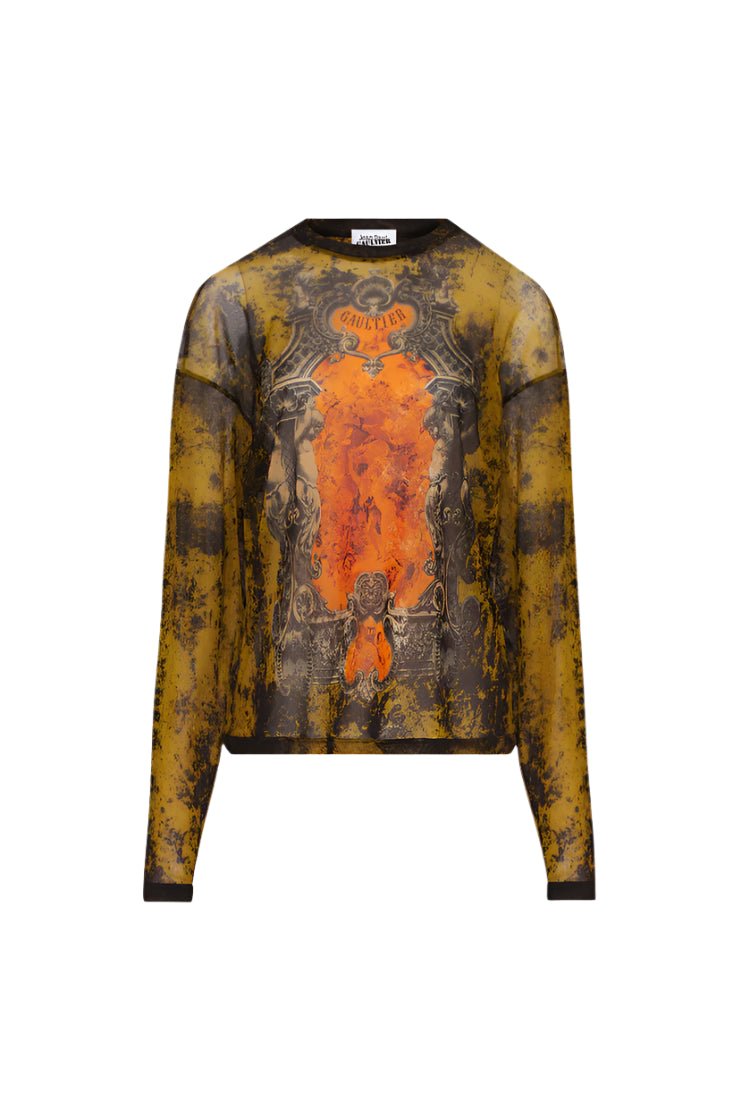 JEAN PAUL GAULTIER - Mesh Oversized Crew Neck Top Printed "Médaillon" - AW25 - BLACK/KHAKI/ORANGE