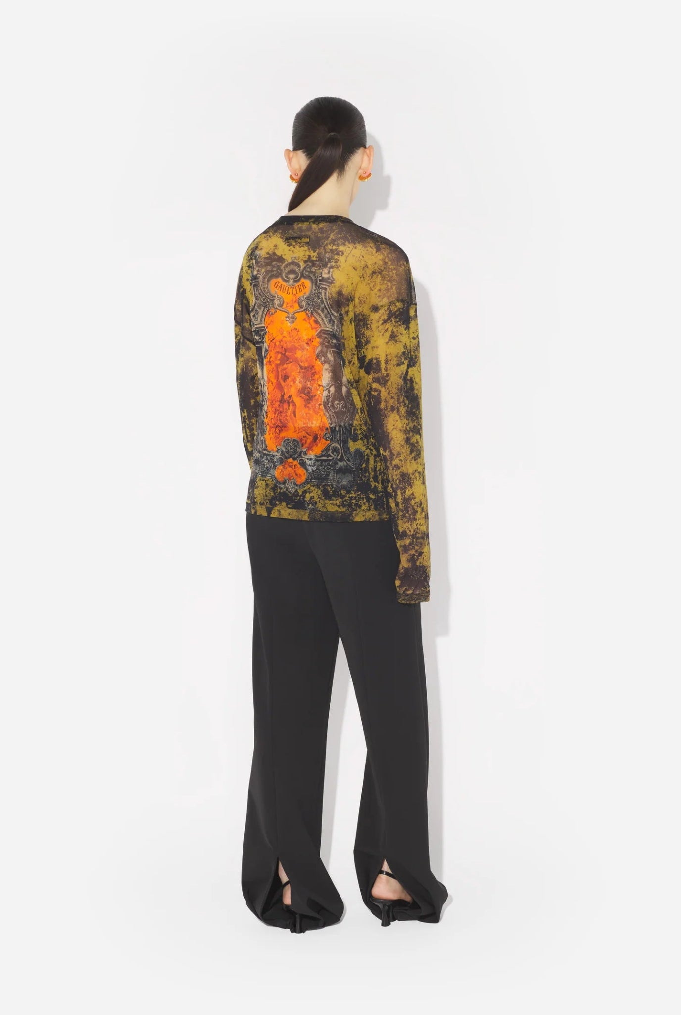 JEAN PAUL GAULTIER - Mesh Oversized Crew Neck Top Printed "Médaillon" - AW25 - BLACK/KHAKI/ORANGE