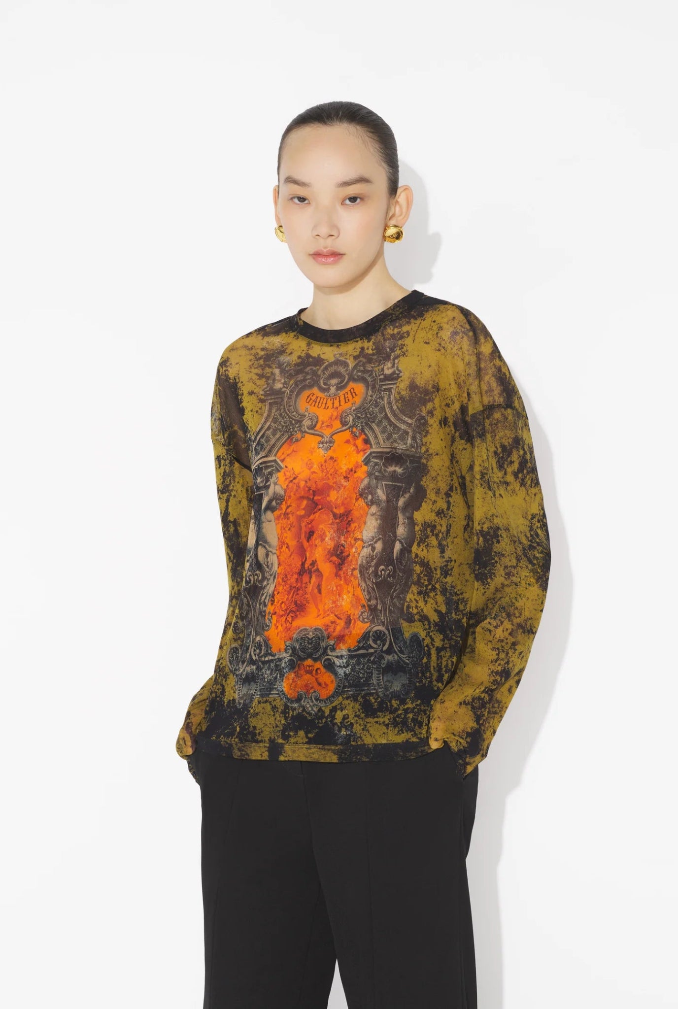 JEAN PAUL GAULTIER - Mesh Oversized Crew Neck Top Printed "Médaillon" - AW25 - BLACK/KHAKI/ORANGE