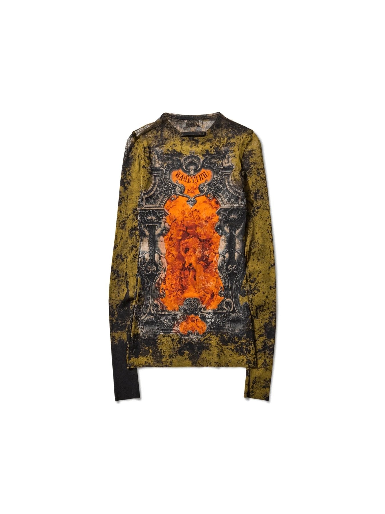 JEAN PAUL GAULTIER - Mesh Oversized Crew Neck Top Printed "Médaillon" - AW25 - BLACK/KHAKI/ORANGE