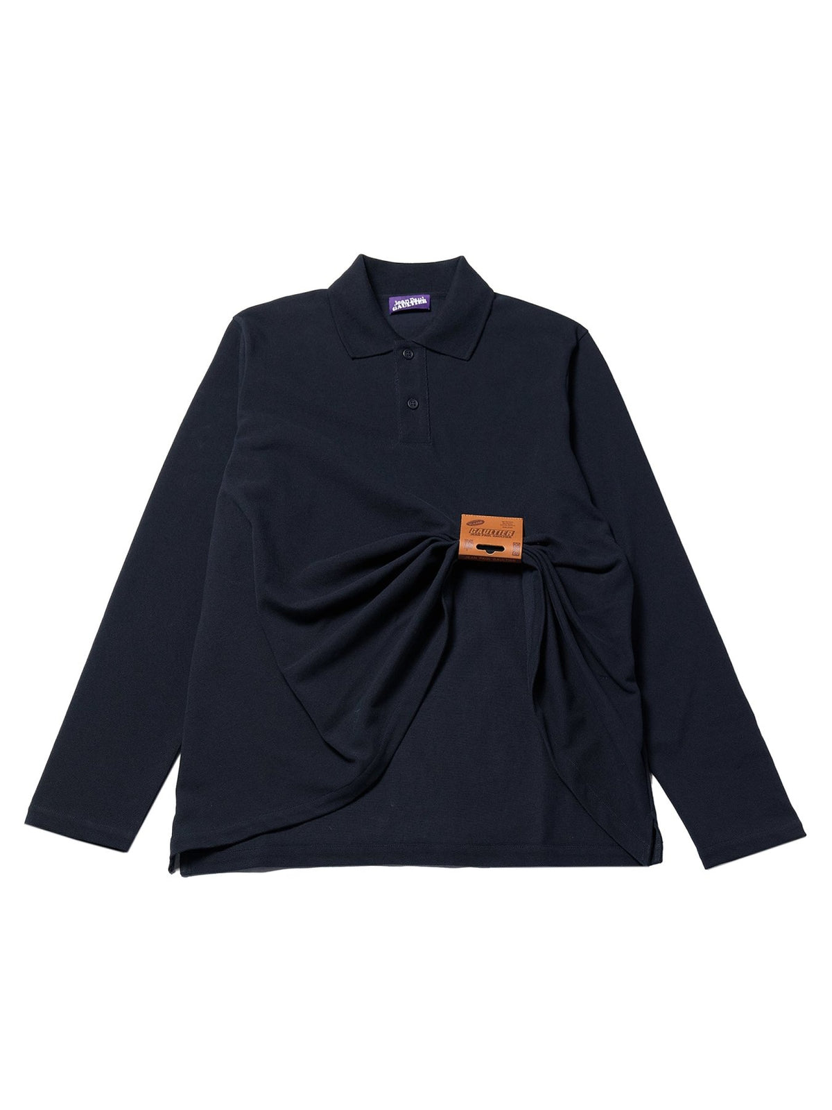 JEAN PAUL GAULTIER Navy Cotton Pique Polo Top With Leather Tag Detail