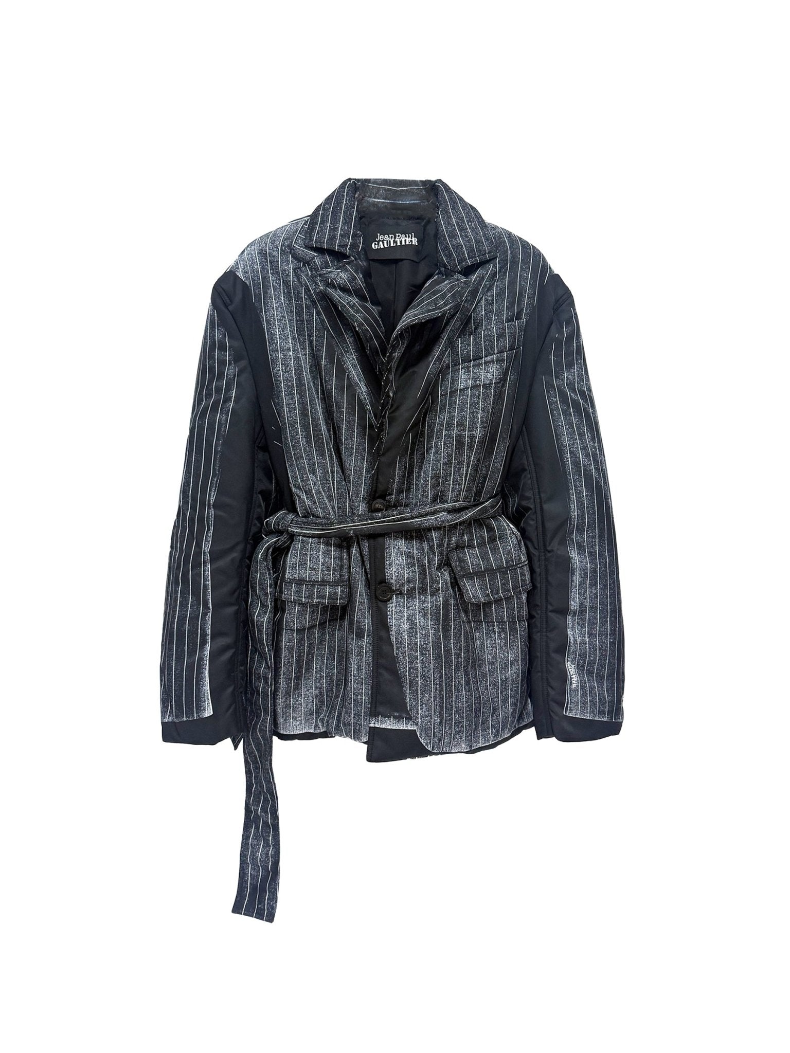 JEAN PAUL GAULTIER - Nylon Padded Jacket Printed "Trompe L'Œil Pinstripes Jacket" - AW24 - BLACK WHITE