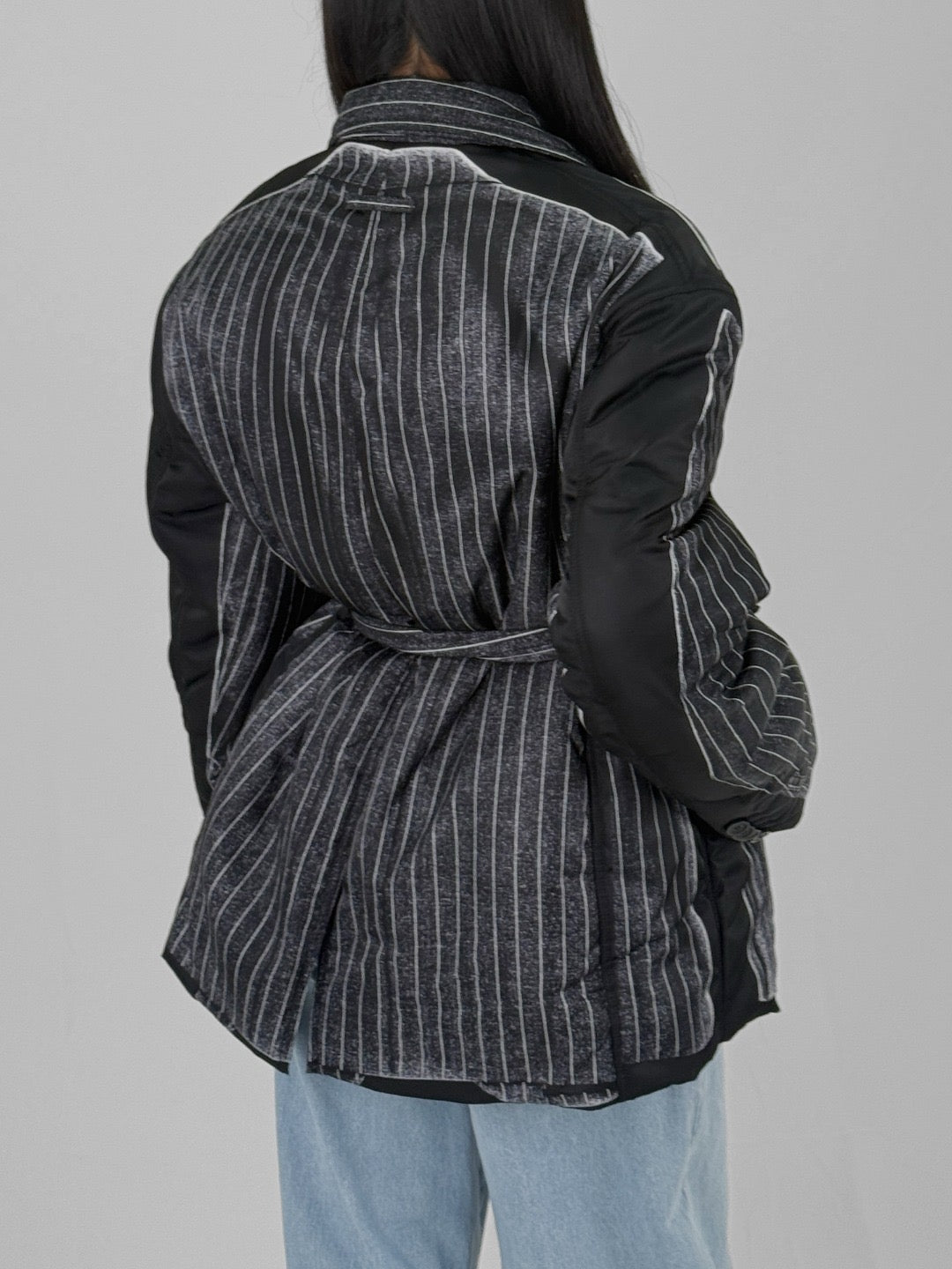 JEAN PAUL GAULTIER - Nylon Padded Jacket Printed "Trompe L'Œil Pinstripes Jacket" - AW24 - BLACK WHITE