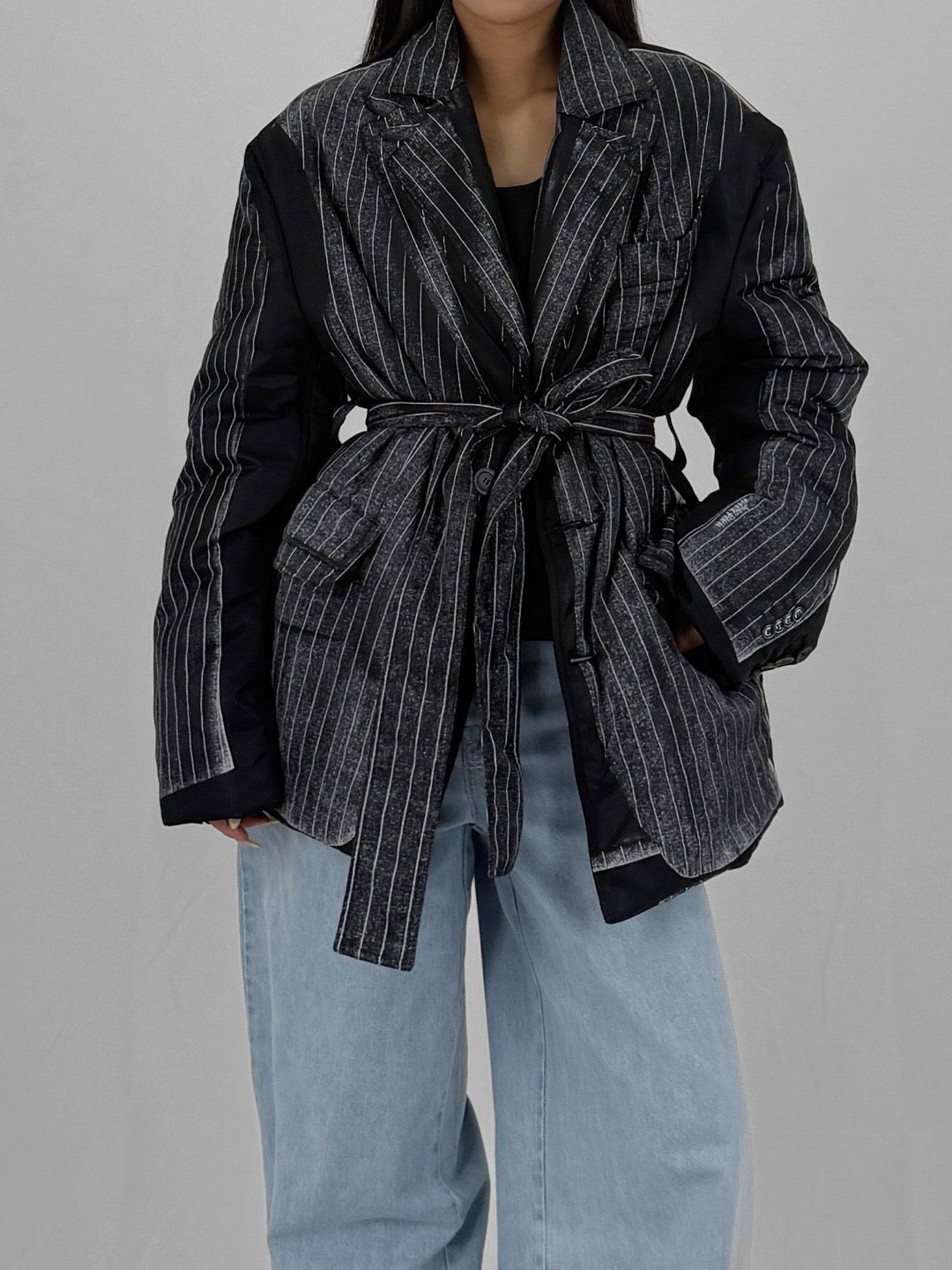 JEAN PAUL GAULTIER - Nylon Padded Jacket Printed "Trompe L'Œil Pinstripes Jacket" - AW24 - BLACK WHITE