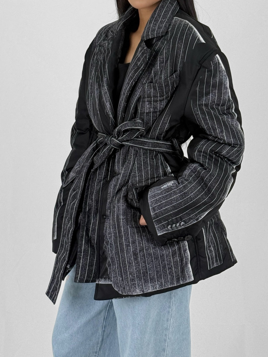 JEAN PAUL GAULTIER - Nylon Padded Jacket Printed "Trompe L'Œil Pinstripes Jacket" - AW24 - BLACK WHITE