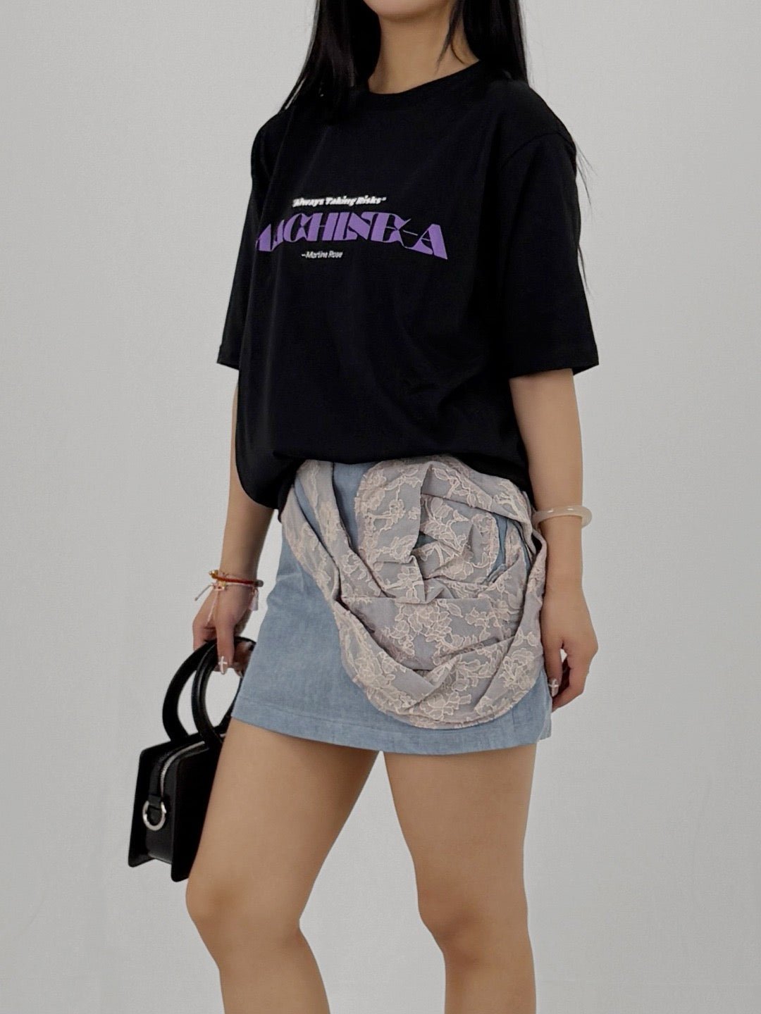 LOUIS CHEN Baby Blue Lace Tornado Rosary Denim Mini Skirts