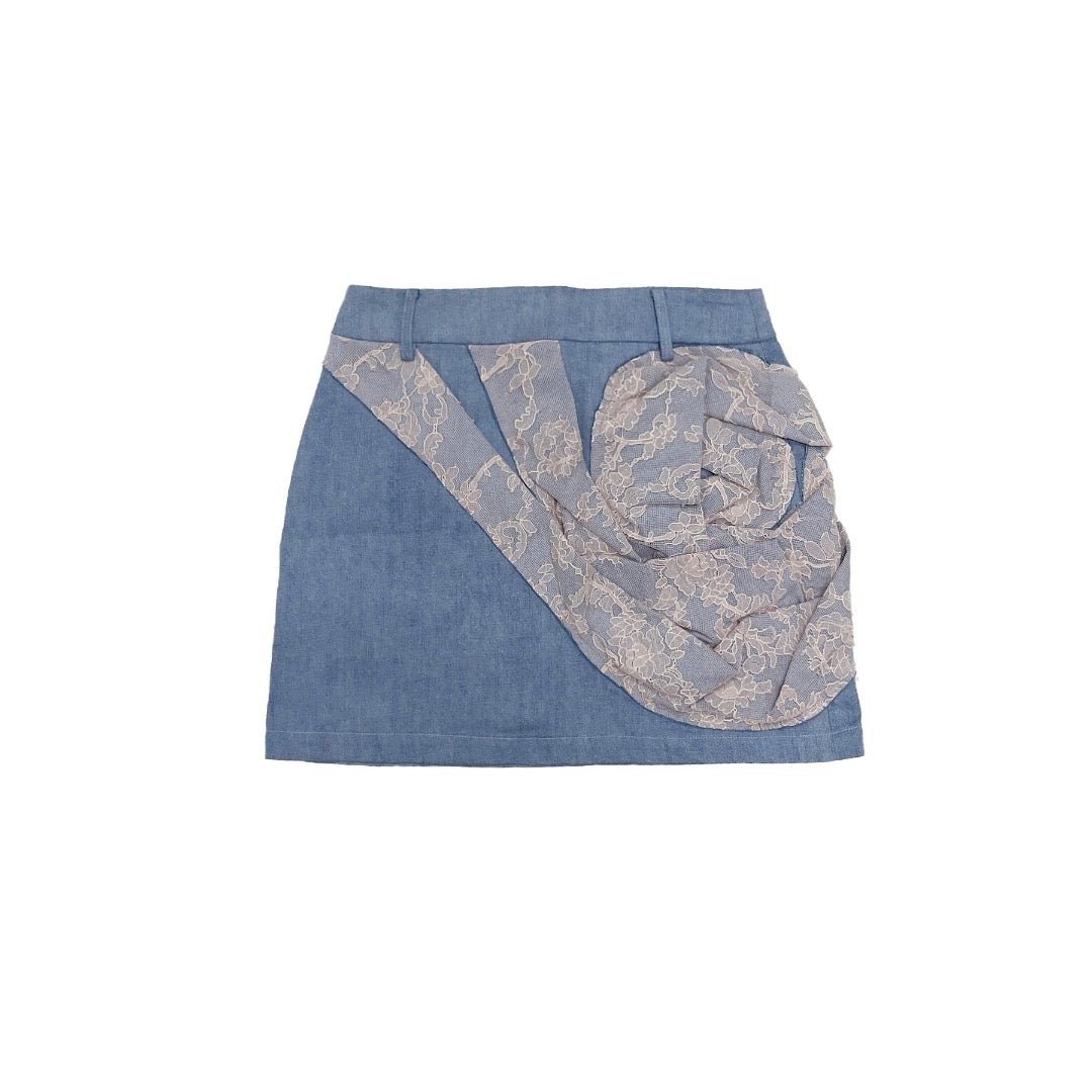 LOUIS CHEN - Lace Tornado Rosary Denim Mini Skirt - SS23 - baby blue