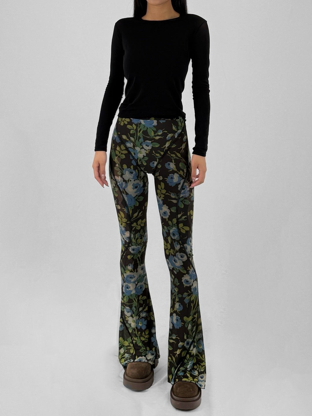 RICHARD QUINN Blue Rose Mesh Printed Flare Pants