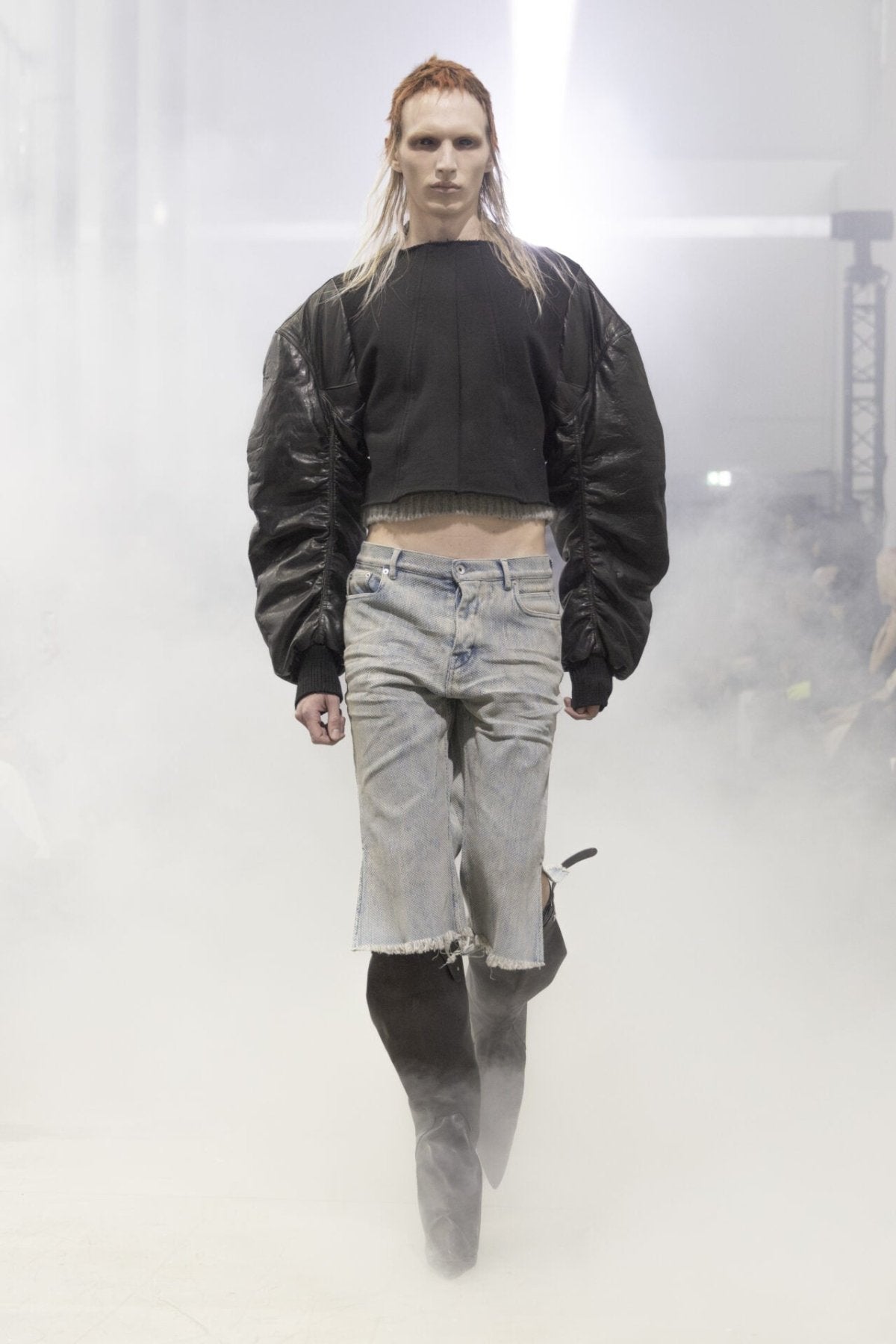 Rick Owens Black/Black Knit Sweatshirt With Leather Duvet Sleeves - Secchia Top