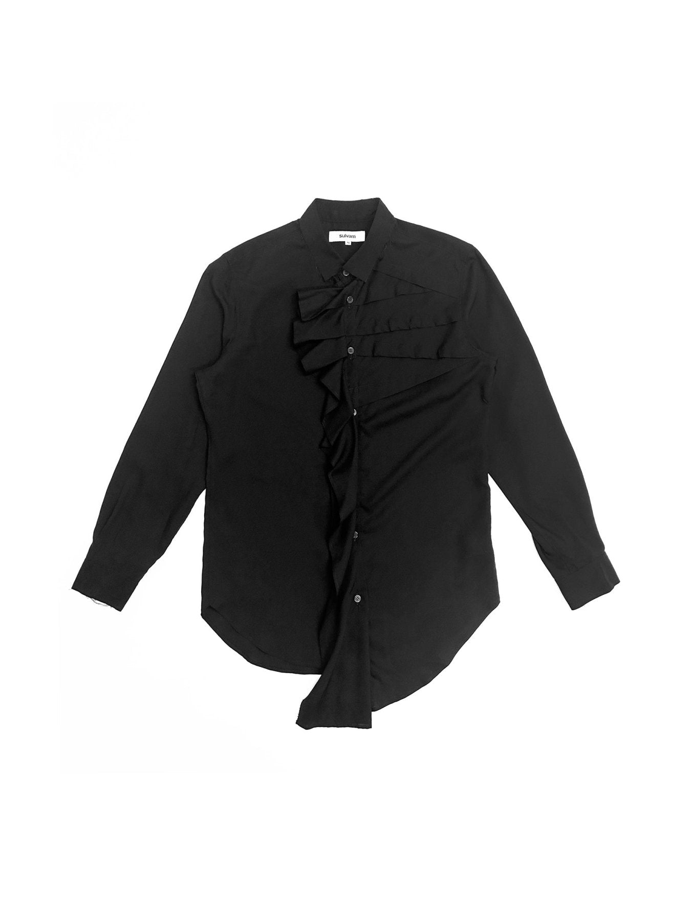 SULVAM Black Front Left Pleat Rayon Shirt