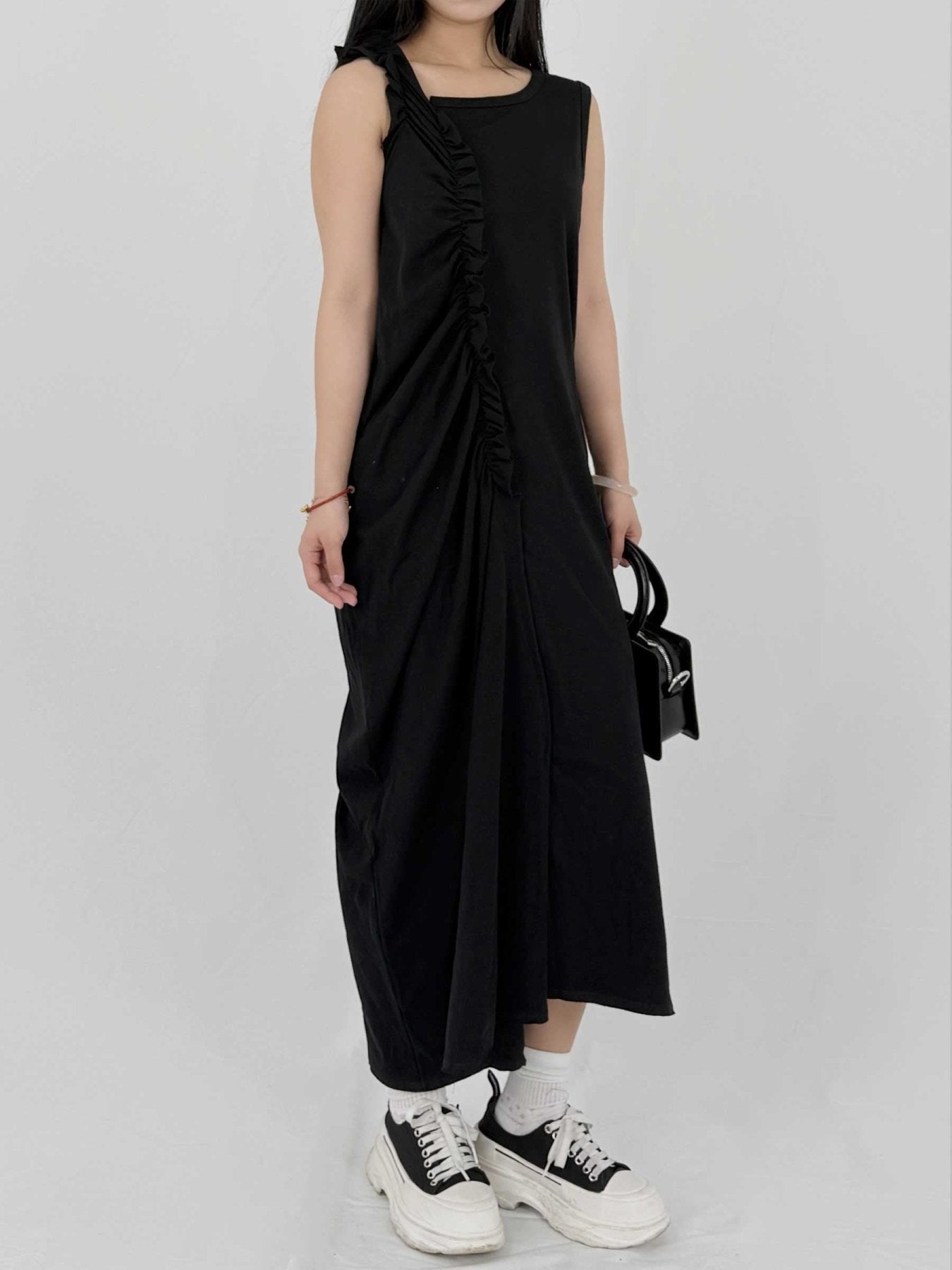SULVAM - Gathering Long Dress T-Shirt - SS25 - BLACK
