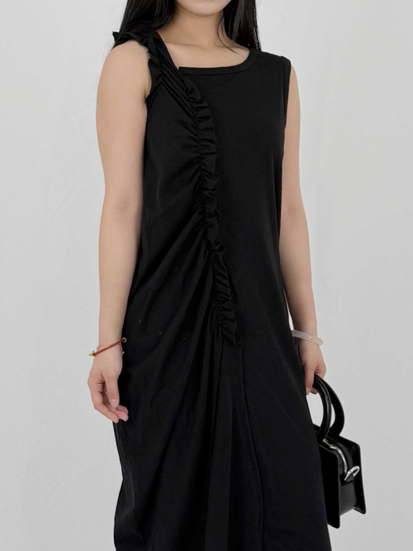 SULVAM - Gathering Long Dress T-Shirt - SS25 - BLACK