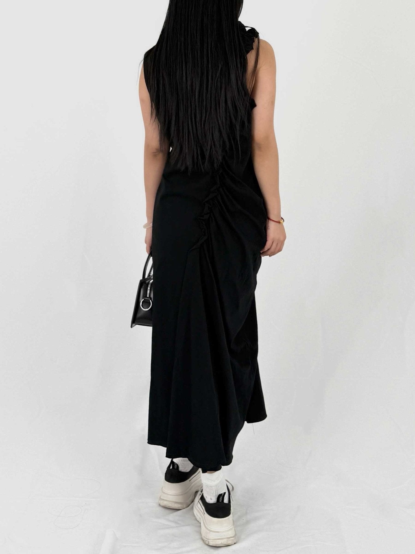SULVAM - Gathering Long Dress T-Shirt - SS25 - BLACK